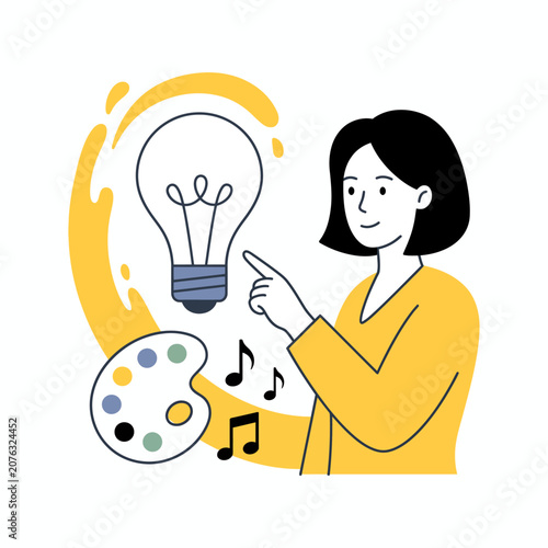 Artistic inspiration concept vector with flat outline girl finding creative thinking solutions