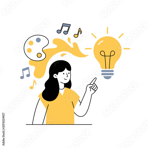 Artistic inspiration concept vector with flat outline girl finding creative thinking solutions