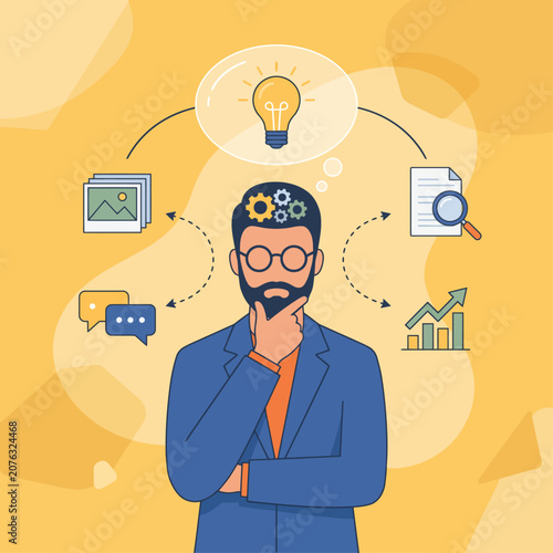 Concept of smart entrepreneur analyzing data and problem solving isolated on yellow