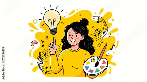 Creative woman holding paint palette with lightbulb idea and music notes illustration