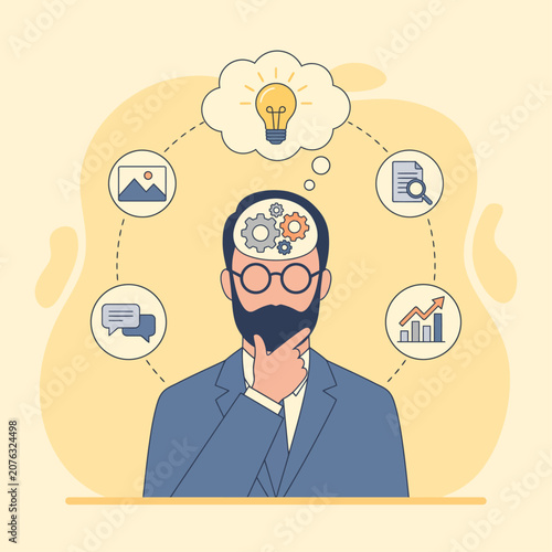 Concept of smart entrepreneur analyzing data and problem solving isolated on yellow