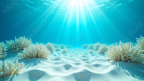 Bright underwater view with white staghorn coral on rippled pale sand, sun rays filtering down