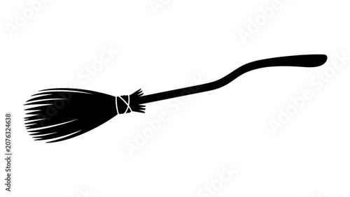 Schilderij op canvas Witch's Broom Silhouette: A classic witch's broomstick, rendered in a stark black silhouette, poised for magical flight against a clean, bright background