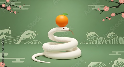 White snake balancing orange fruit on green background