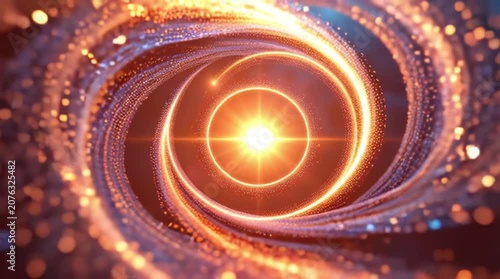 Abstract swirling motion with glowing particles creating a sense of depth and infinity in a vibrant blue and orange color scheme
