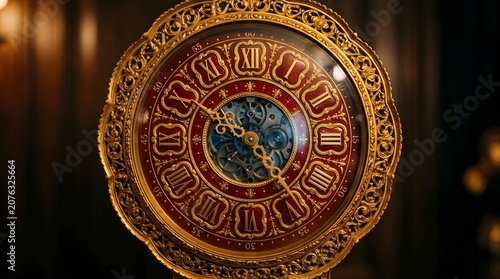 Intricate gold and red roman numeral clock face