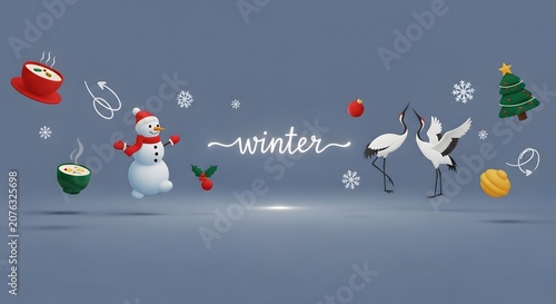 Winter composition with snowman and birds