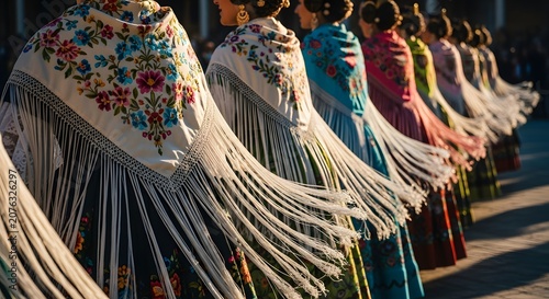 Women in traditional clothing with floral shawls