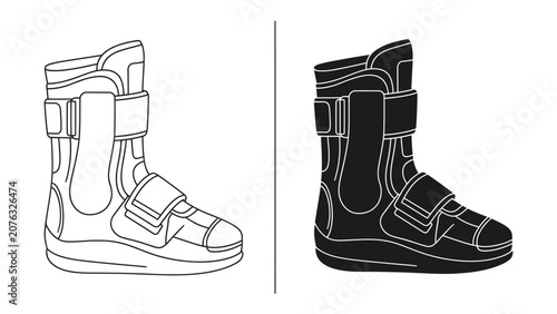 Photos Orthopedic Boot Vector Art: A clear illustration of an orthopedic walking boot shown in both line art and silhouette styles, highlighting its supportive design