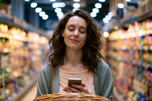 Young woman finds relief while shopping in a bright grocery aisle