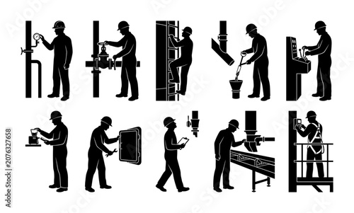 Professional Industrial Worker Silhouette Collection Illustrating Various Manufacturing and Maintenance Operations for Workplace Safety and Technical Training Manuals