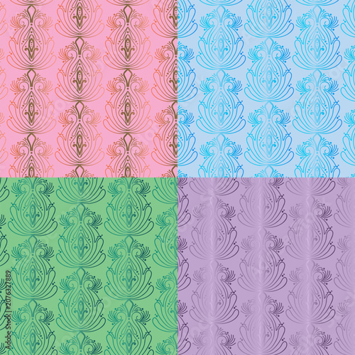Colorful pastel damask seamless patterns bundle in four colorways
