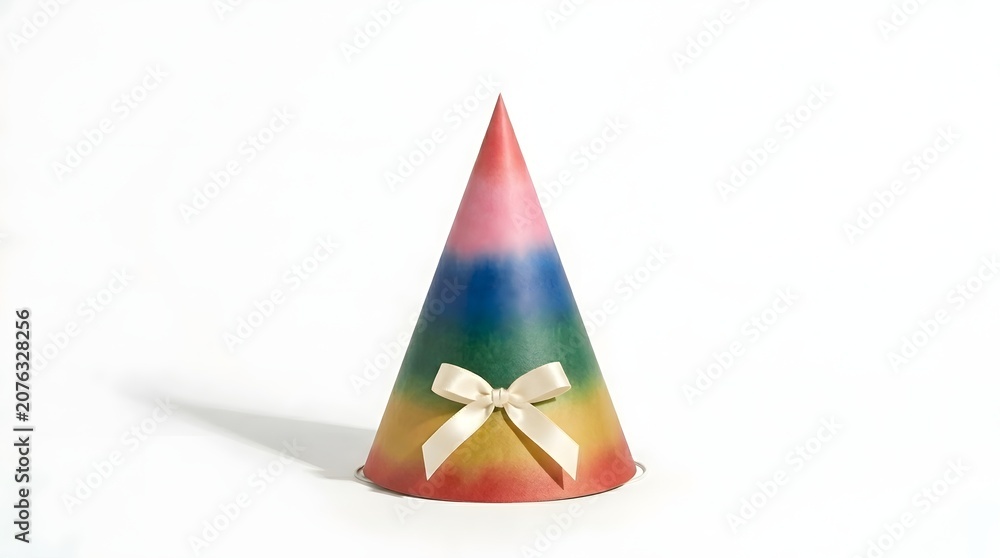 Fototapeta premium This image features a colorful party hat rendered in a geometric cone shape perfectly isolated on a seamless pure white backdrop