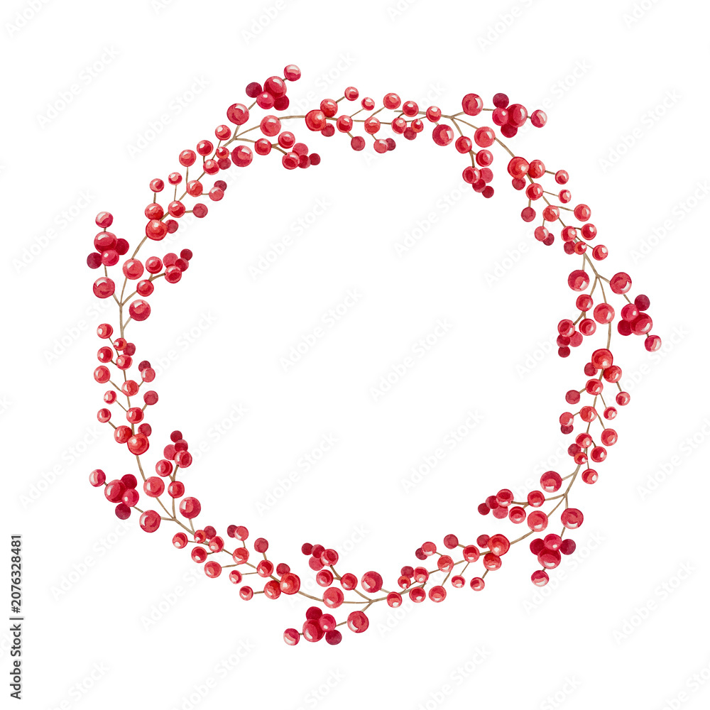 Fototapeta premium Watercolor christmas wreath made of red winter berry branch. Hand drawn festive holiday botanical circle frame isolated on element background. Detailed beautiful artwork design item.