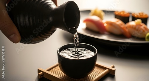 Pouring sake into ceramic cup with sushi plate