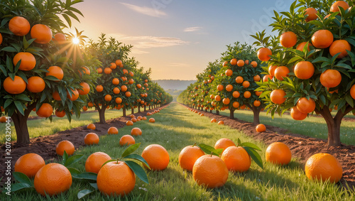 Ripe oranges hanging on citrus trees in a sunlit orchard with fresh fruit scattered across the grass