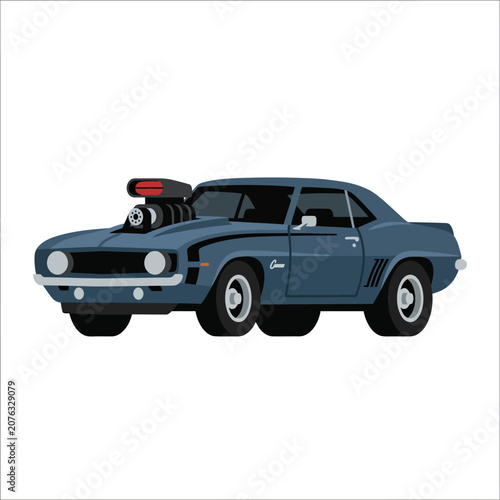 Classic Blue Muscle Car with Supercharger, Vintage Automobile Vector Art