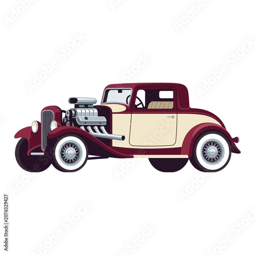 Vintage Hot Rod Car: Classic Coupe with Exposed Engine Illustration