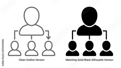 Fotografie Organizational Structure Icons: Two stylized icon sets depicting a hierarchical organizational chart with a leader and subordinates, one in clean outline and the other in solid black silhouette
