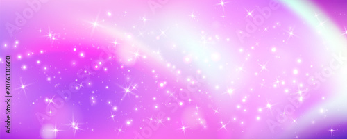 Dreamscape with pink and purple glitter, sparkling rainbow, stars, and magical gradient sky. Perfect fantasy backdrop for princess themed designs and fairy tales. Vector