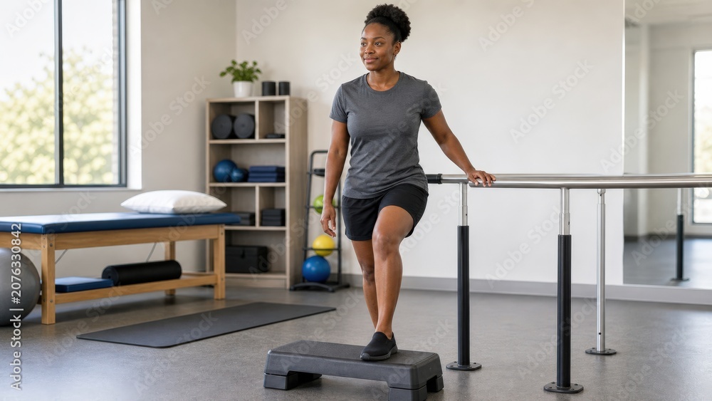 Fototapeta premium Pickleball injury young Kenyan athletic woman in therapy gym