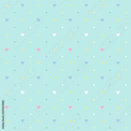 Tableau sur toile パステルハートとドットのシームレスパターン（ミント）：ミント背景にパステルカラーのハートとドットを散りばめた、ゆめかわいいシームレスパターン。手帳デコ、ラッピン