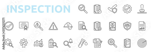 Inspection icon set outline style with audit, quality check, verification, approval, review, assessment, evaluation, compliance, checklist, report, analysis icons