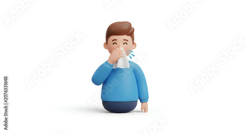 3d illustration of a young man sneezing into a tissue