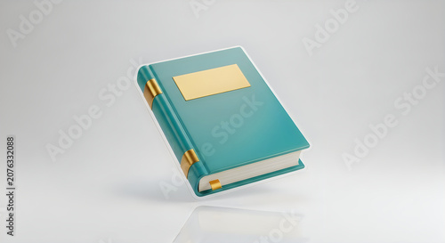 A closed teal vintage book with gold accents and a blank label on the cover