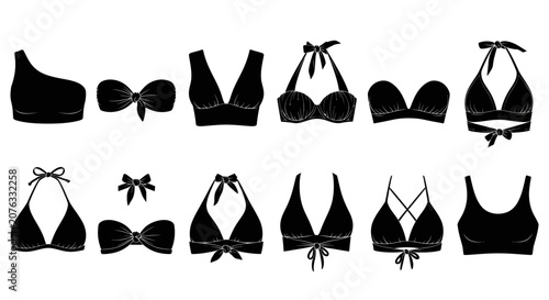 Foto Black bikini silhouettes, vector swimsuits, beachwear icons, fashion illustratio