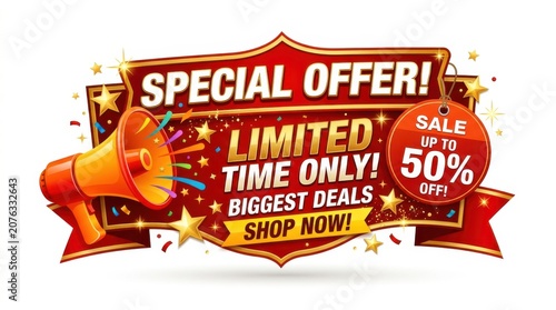 Special offer sale banner with limited time discount deal up to 50 percent off