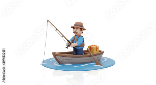 Cute 3d cartoon fisherman character with a fishing rod sitting in a small wooden boat on the water