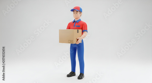 Friendly delivery man holding a brown cardboard box package