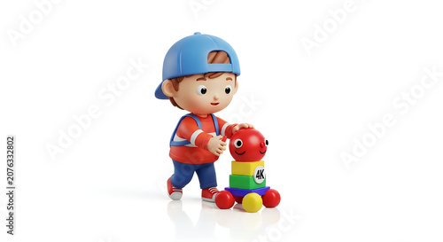 Little boy wearing a blue cap playing with colorful plastic building blocks