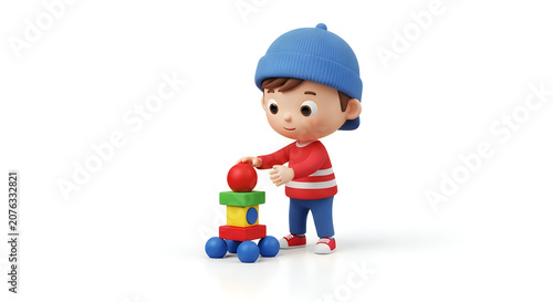 Cute little boy wearing a blue hat playing with colorful plastic building blocks