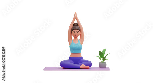 3d illustration of a young woman doing yoga pose on a mat with a small plant