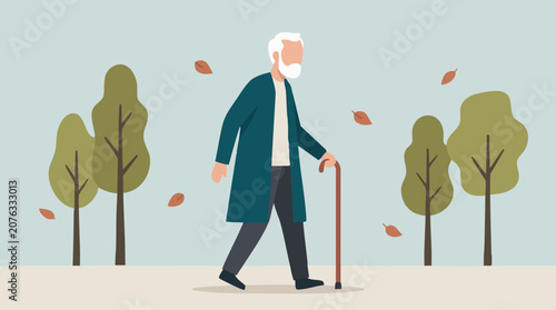 Tableau sur toile Senior man walking with a cane in an autumn park