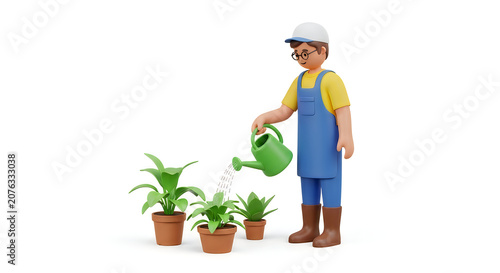 3d character of a young gardener man watering green potted plants with a watering can