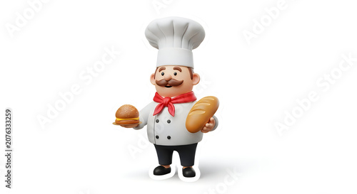 Cute cartoon chef character wearing a white uniform holding fresh bread and a burger