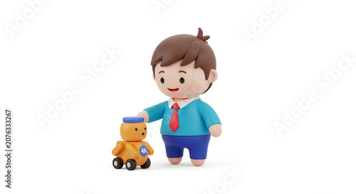 A cute cartoon boy playing with a small orange robot toy on wheels
