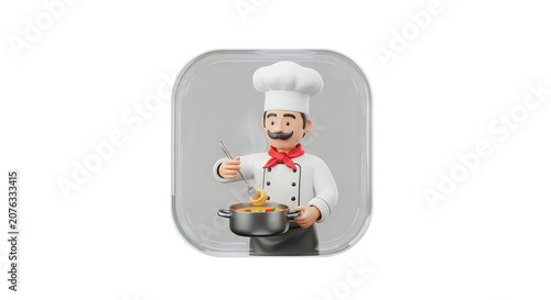 3d cartoon chef character holding a cooking pot with food and a spoon