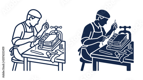 Obraz na plátně Bookbinder at Work: An artisan meticulously stitches together book pages, showcasing the traditional craft of bookbinding