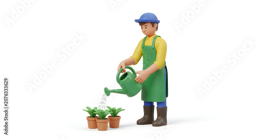 3d render of a friendly gardener watering small potted plants in a garden
