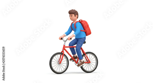 3d cartoon student boy riding a red bicycle with a backpack