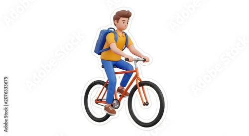 3d cartoon student boy riding a bicycle with a blue backpack