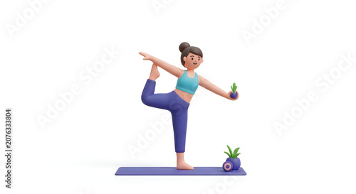 3d woman character doing yoga pose on a mat with a small plant