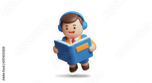 Cute 3d boy character wearing blue headphones reading a book