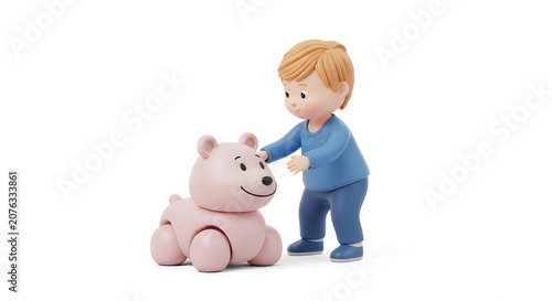 A cute little boy playing with a pink toy dog figurine