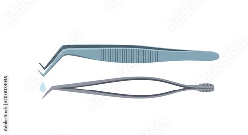 Vector illustration of stainless steel medical tweezers and dental forceps isolated on white background. Surgical instruments featuring angled tips and a liquid droplet for healthcare use.