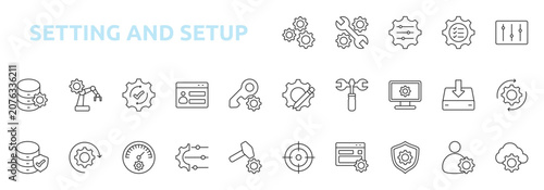 Setting and Setup icon set glyph style with configuration, preferences, controls, customize, tools, system setup, installation, update icons
